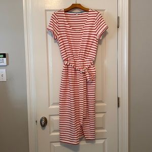 Boden Sz 8 Red/White Striped MIDI dress with pockets and belt with notched slit